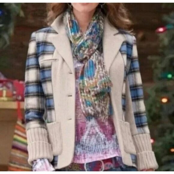 Sundance Wool Blend Plaid Knit Sweater Blazer Jacket Size 6 Blue - Picture 2 of 10